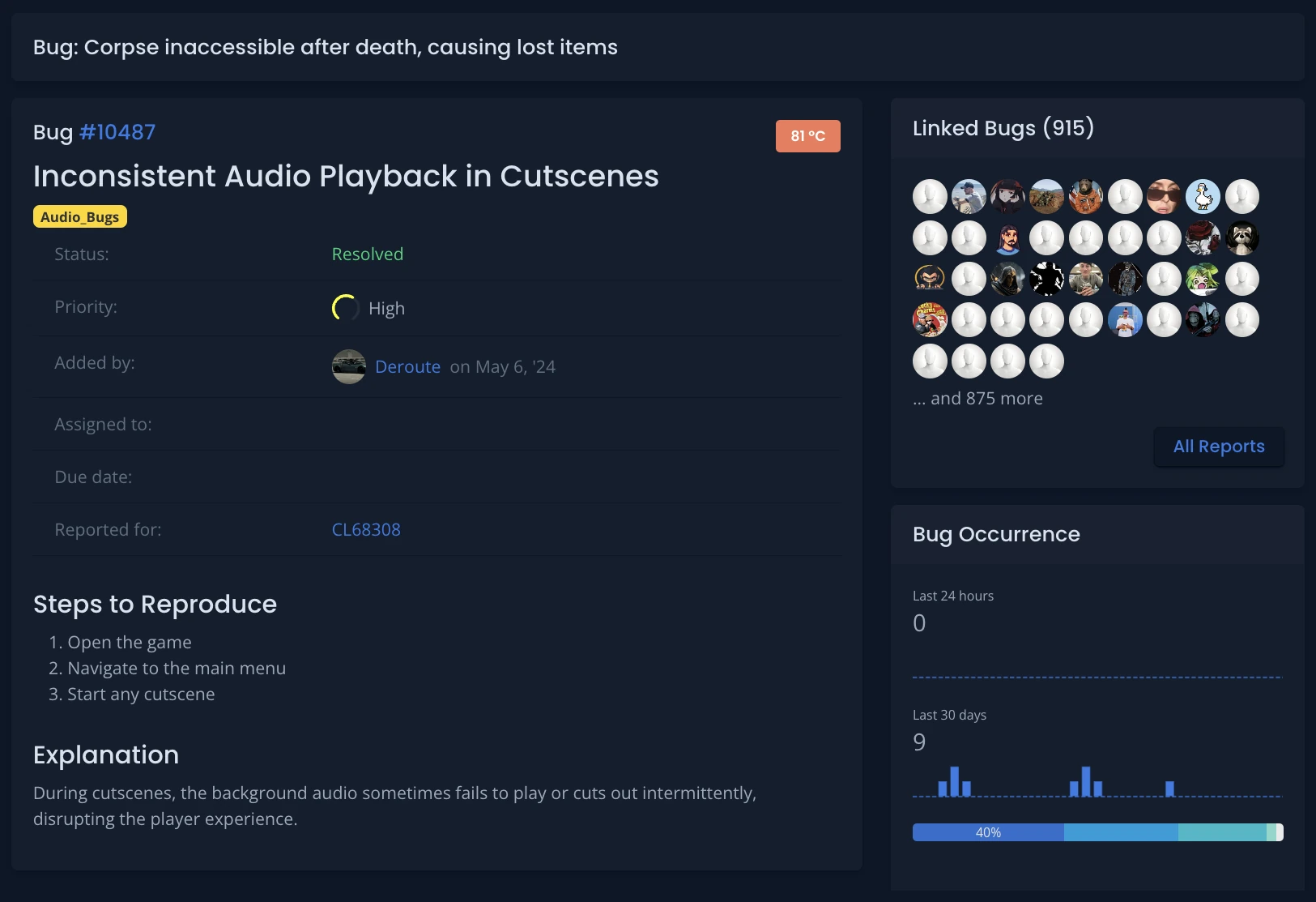 Dashboard view of a bug report.