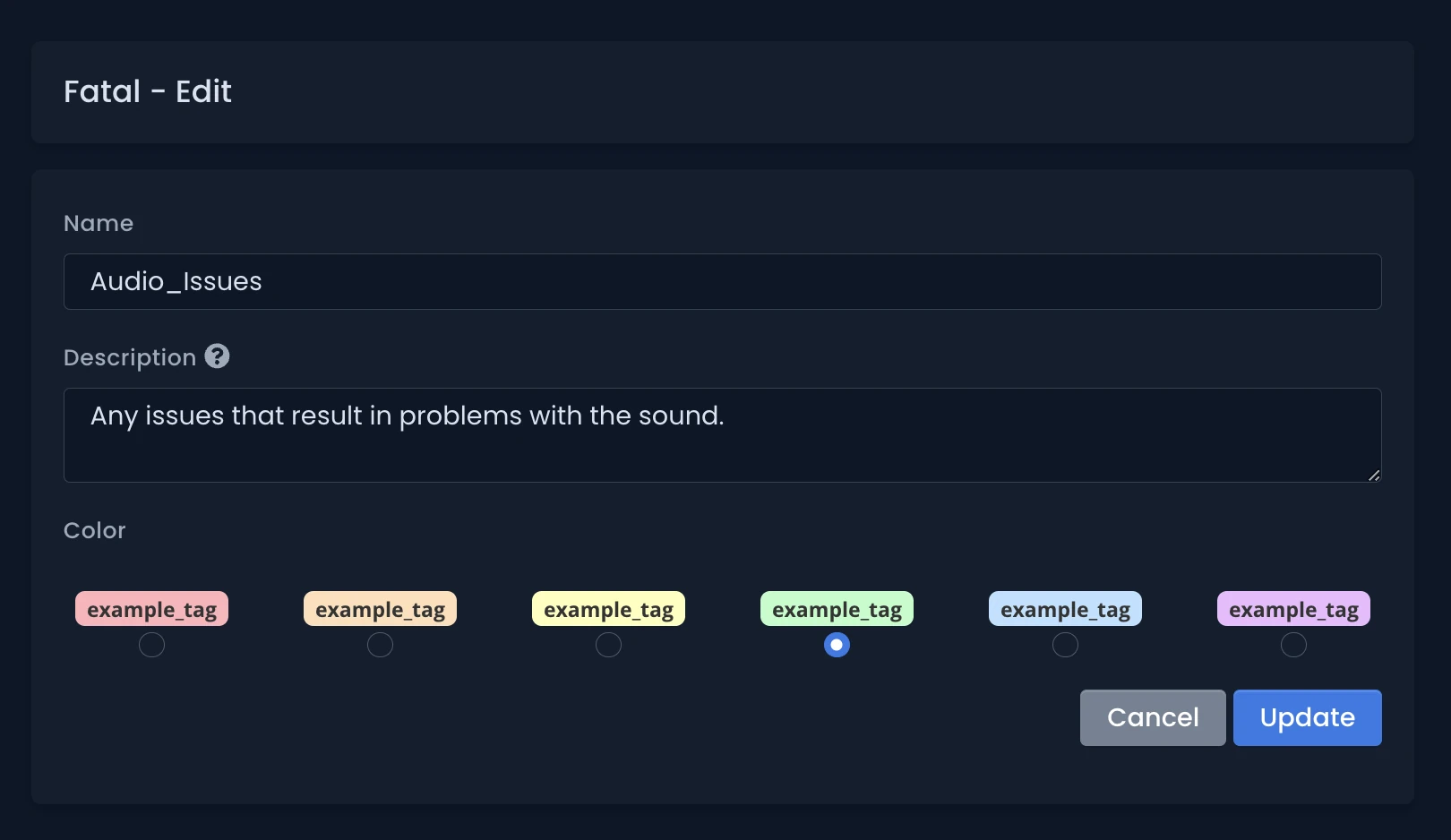 Dashboard new tag form with name and description fields.