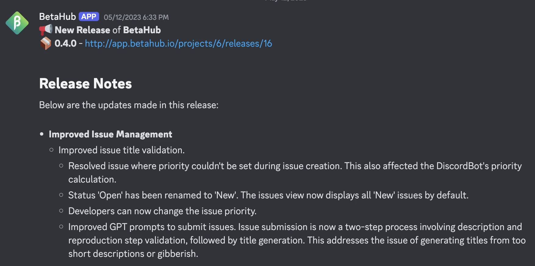 View of an announcement in Discord