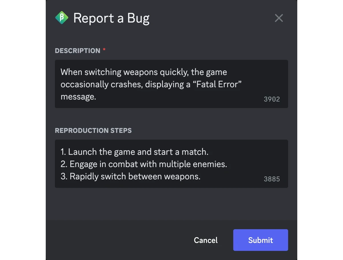 Bug reporting form on Discord