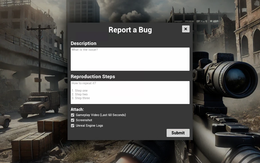 Bug reporting form in-game