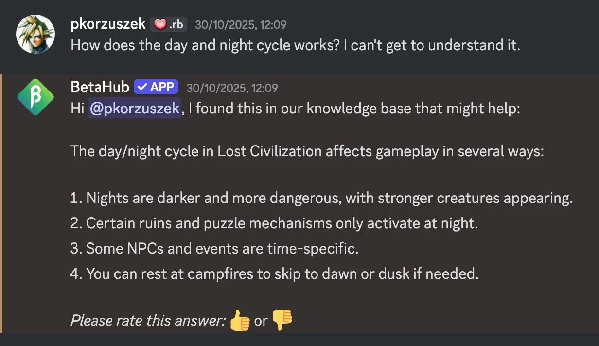 Bot response showing source document and player rating