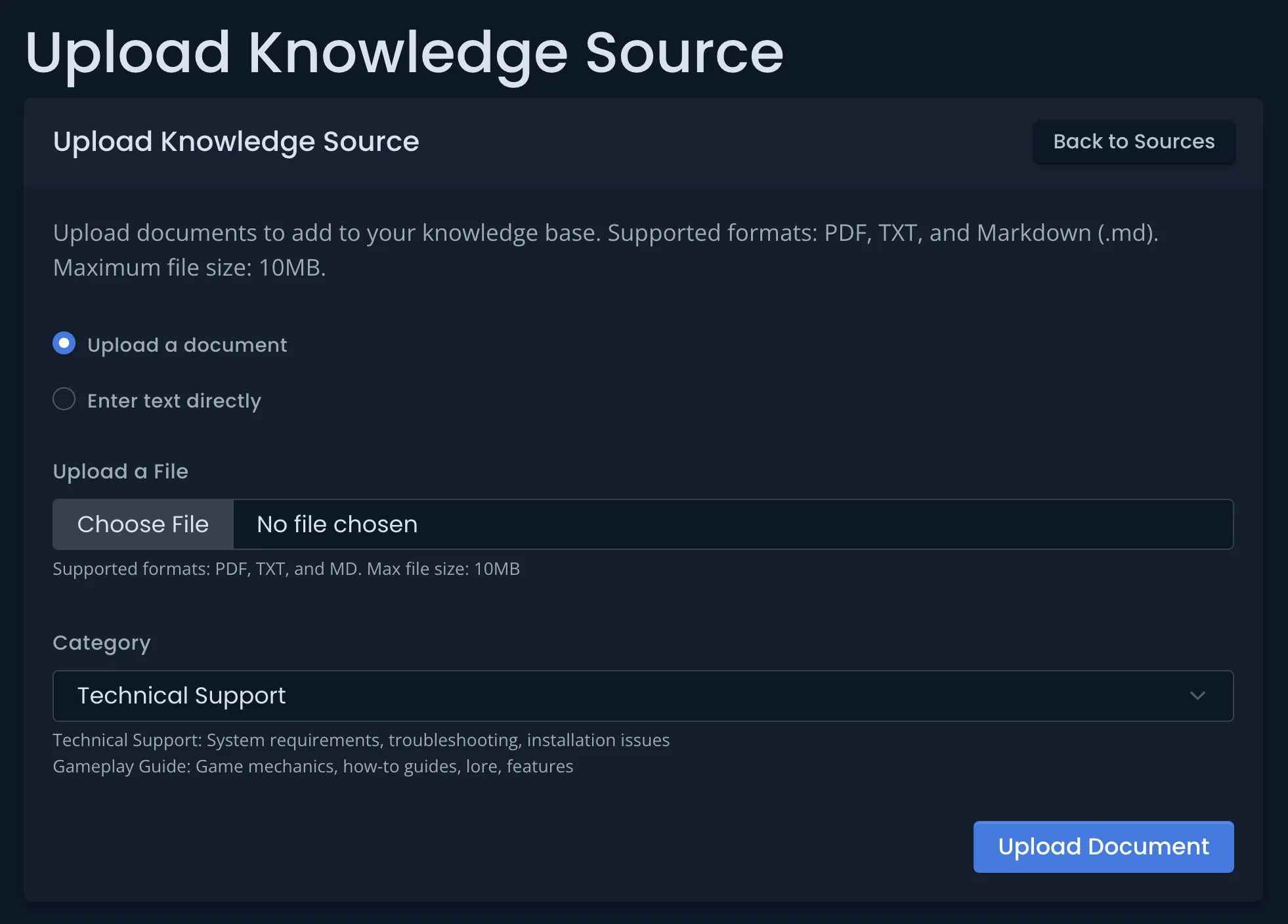 Setup interface showing document upload and channel configuration