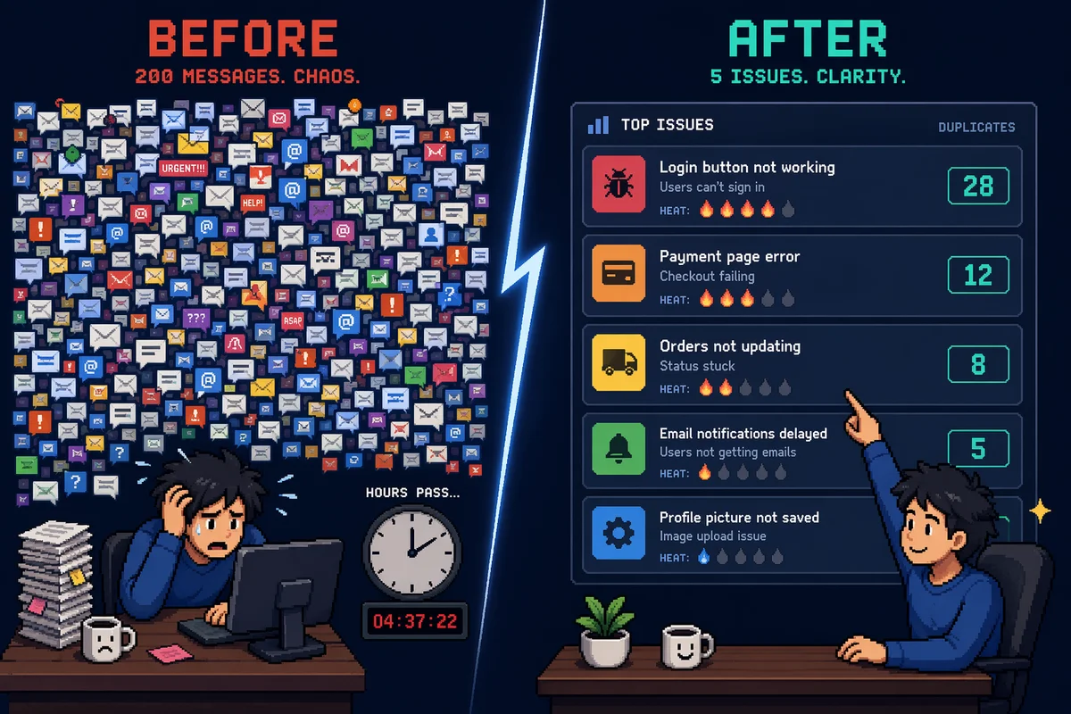 Before: 200 chaotic messages. After: 5 prioritized issues with duplicate counts.