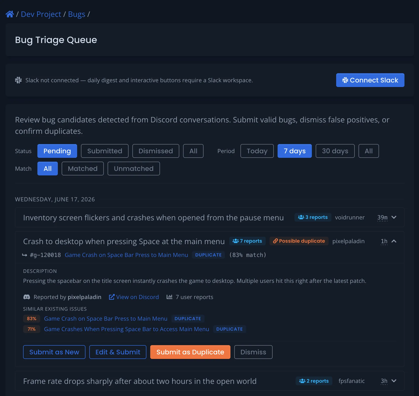 Bug Triage Queue with a candidate expanded, showing similar existing issues and submit, duplicate, and dismiss actions