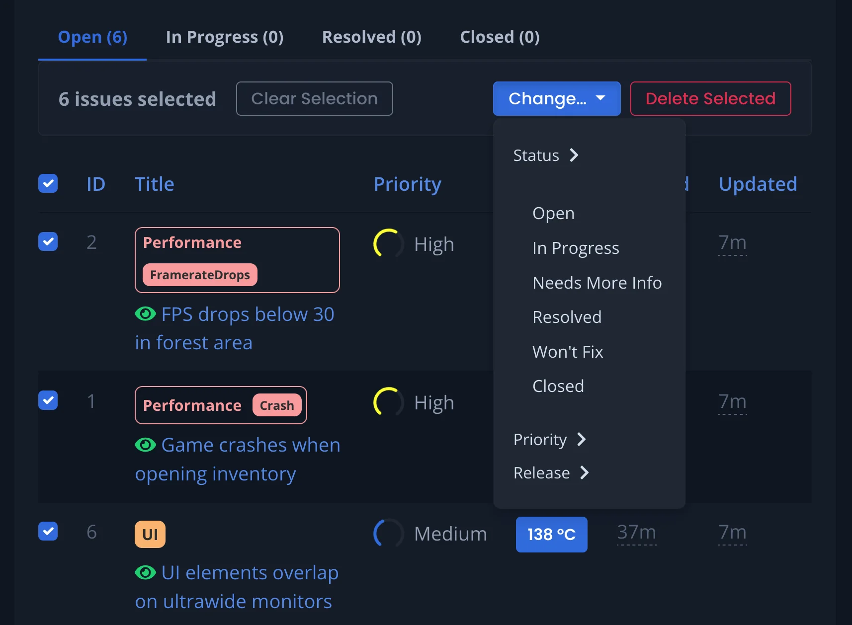 Bug list bulk-actions Change menu