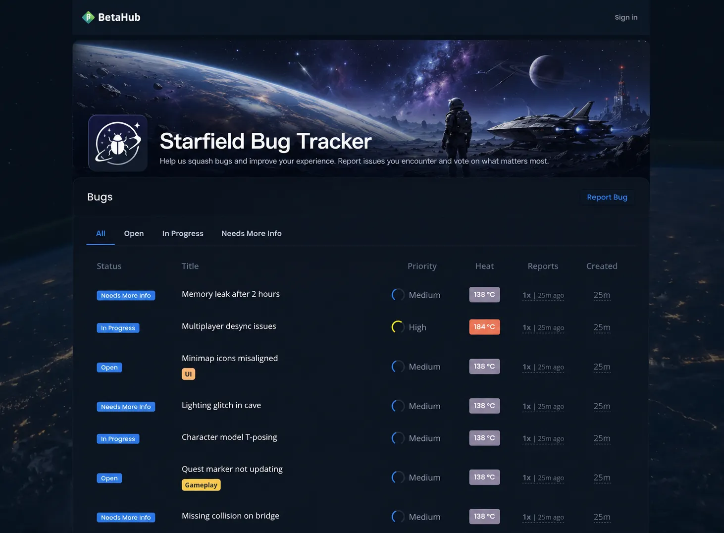 Branded public bug board with banner, logo, and Report Bug button