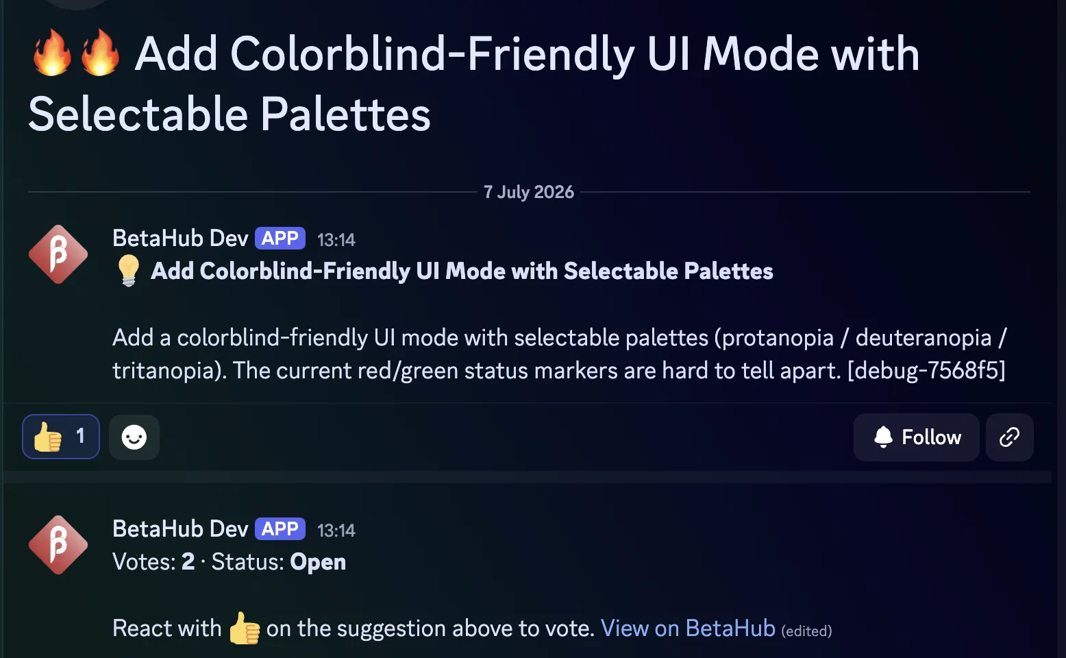 A Discord suggestion thread titled with a double-flame hotness prefix, plus a bot vote-status message showing the vote count and a react-to-vote prompt