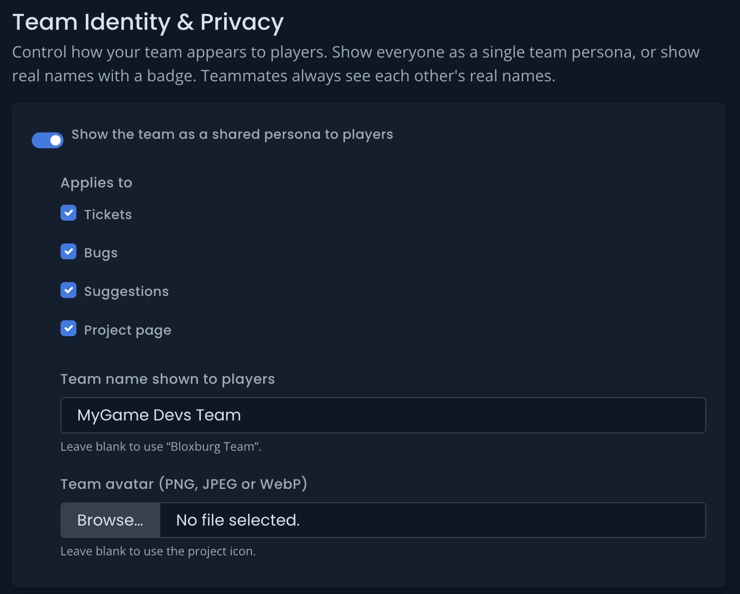 Team Identity settings showing a shared team persona option and a real-names option with a custom role badge
