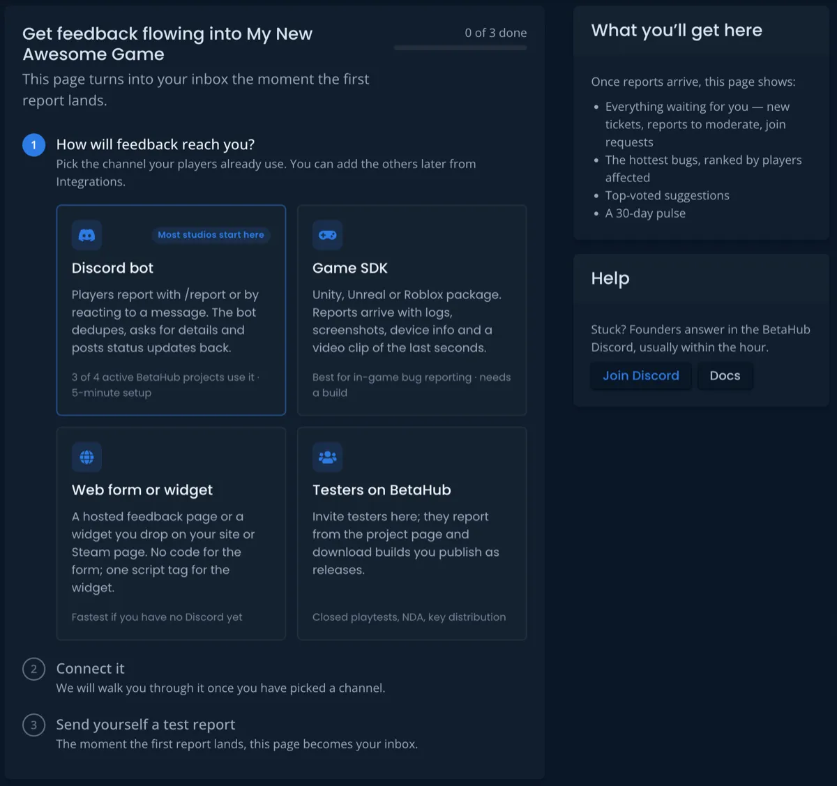 The Developer Dashboard setup view showing a channel-first checklist for connecting Discord, an SDK, a hosted form, or testers