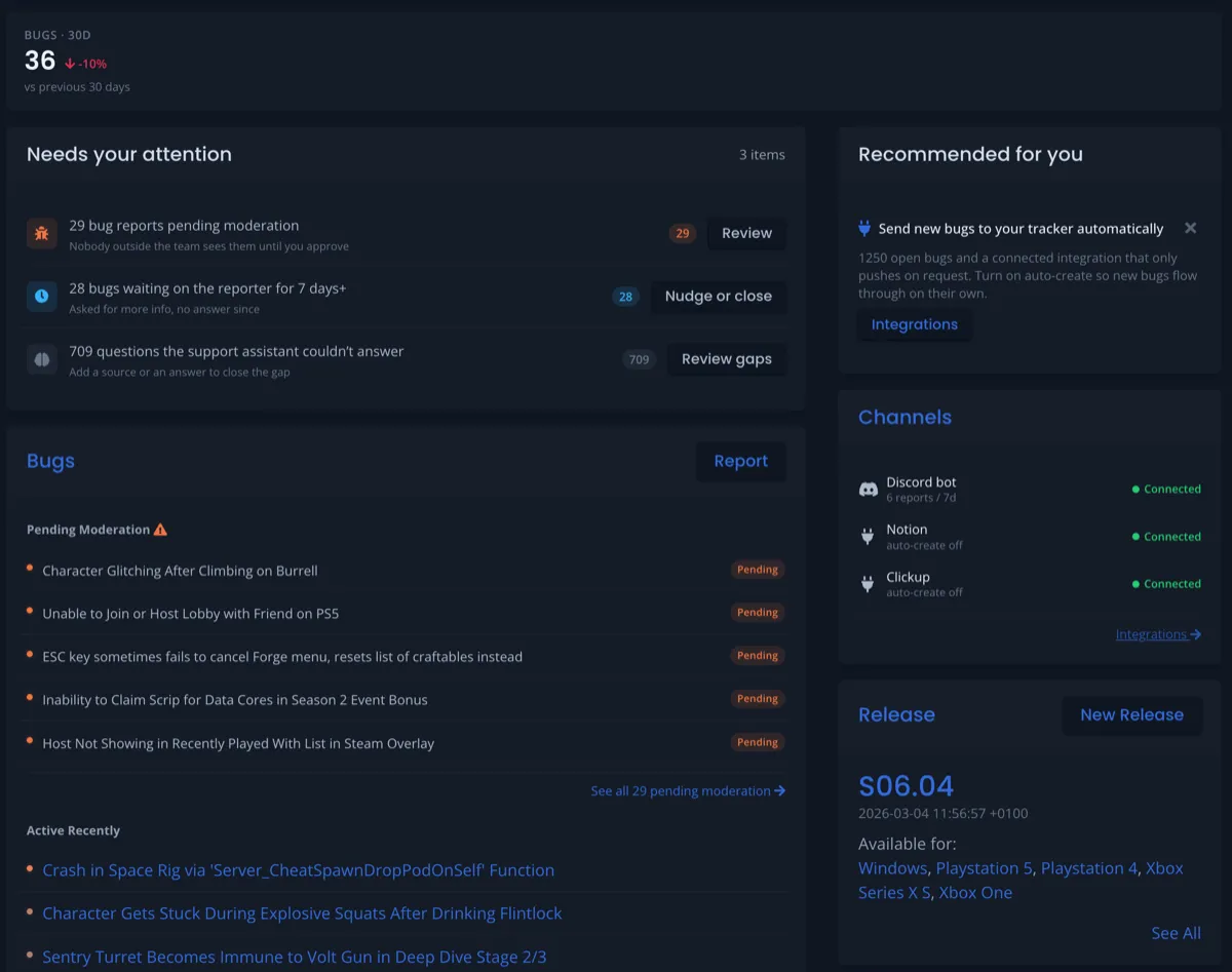The Developer Dashboard operate view showing a 30-day pulse strip, a Needs your attention inbox, a Recommended for you rail, and a channels health card