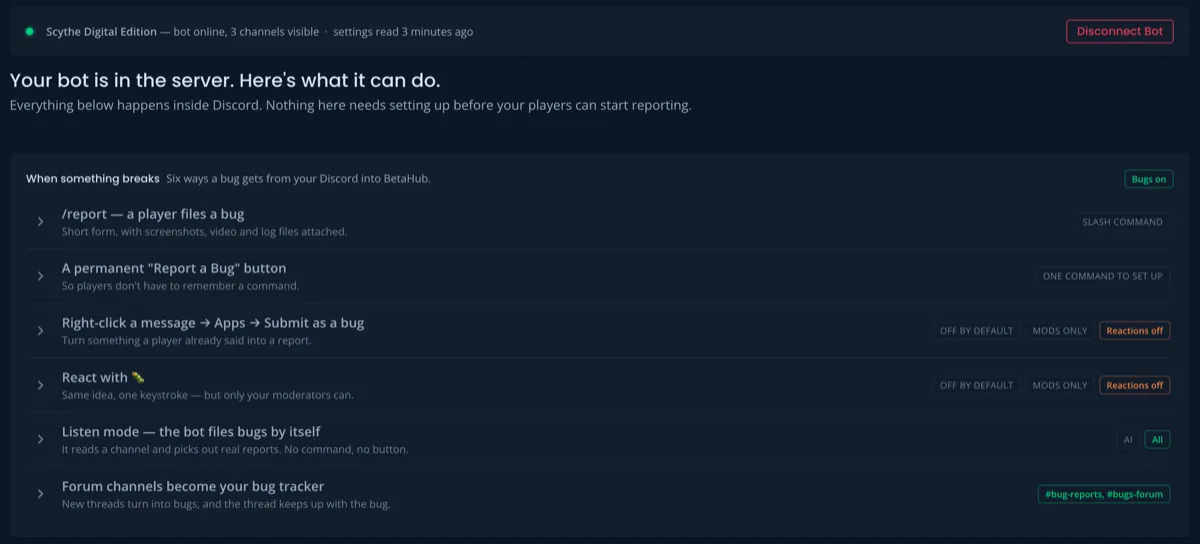 The Discord Bot settings page showing a self-diagnosed problem banner with a suggested fix