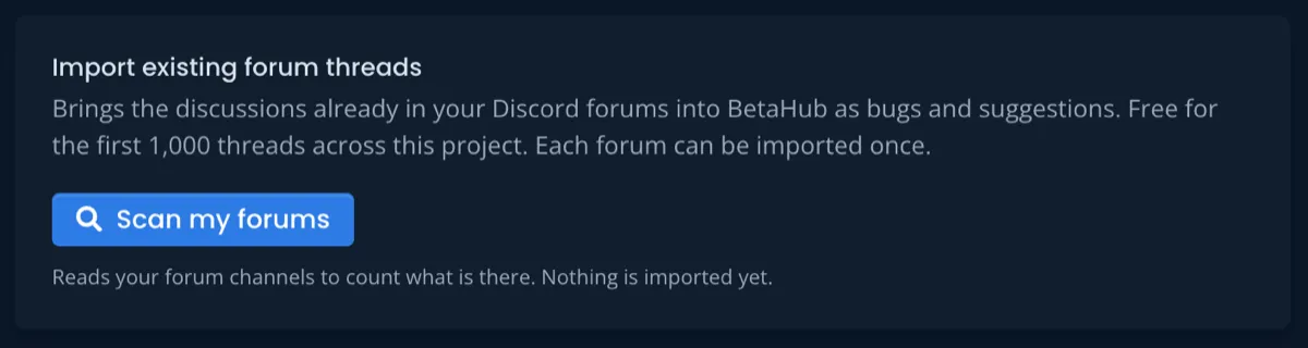 The forum thread import flow showing threads being imported as bugs and suggestions