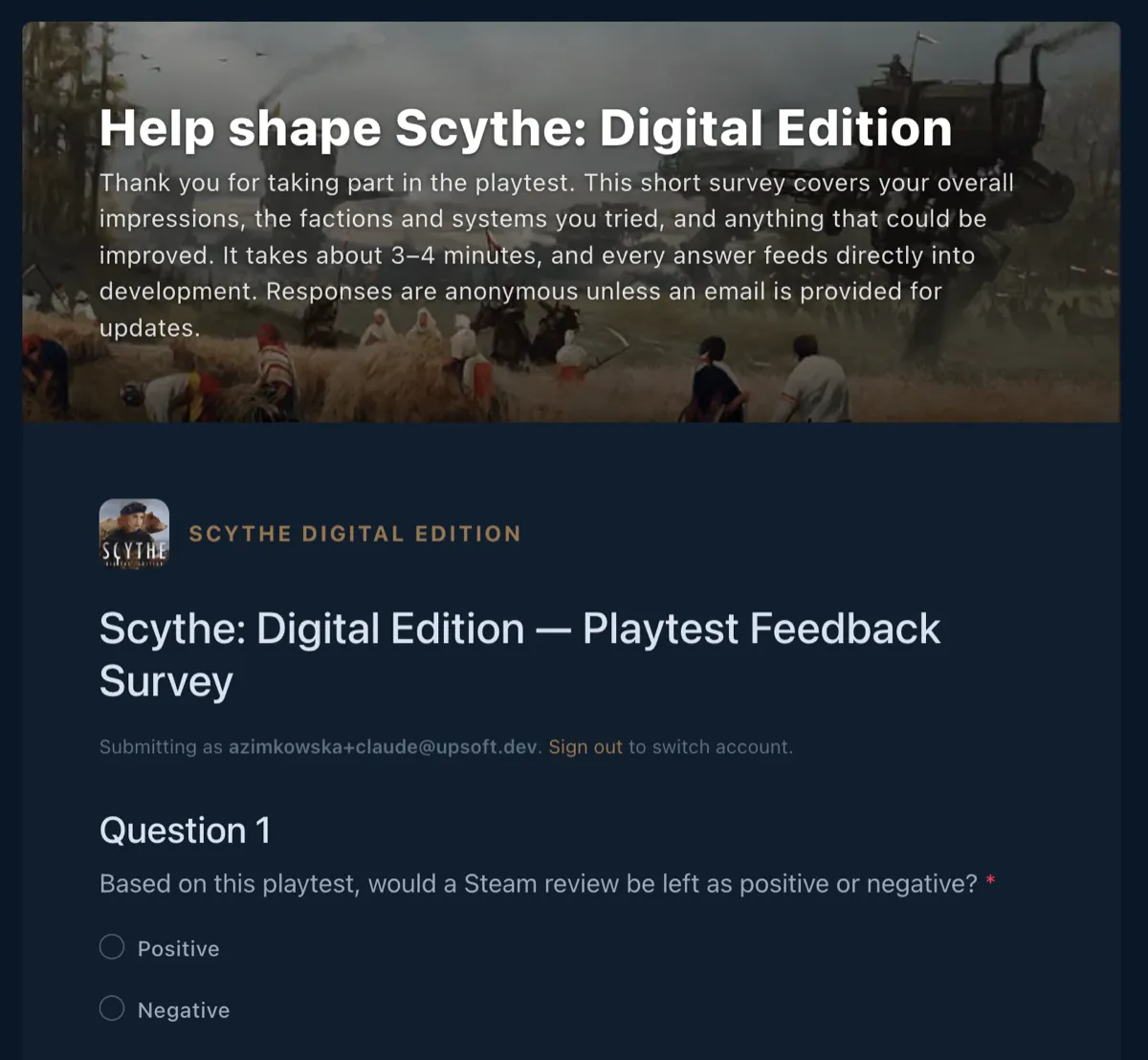 The Forms & Surveys builder showing a branded survey with a banner image, accent color, and live preview