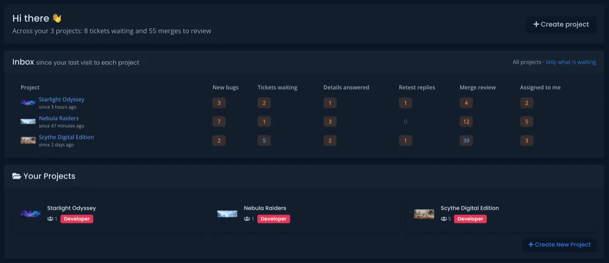 The signed-in home page in Developer view, showing a cross-project inbox of new bugs, tickets, and items assigned to the viewer