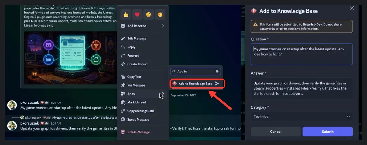 Right-clicking a reply in Discord, choosing Apps and Add to Knowledge Base, and the form that opens with the question and answer filled in