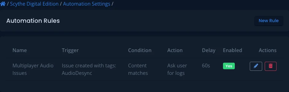 The Automation Rules list with a rule whose condition is Content matches