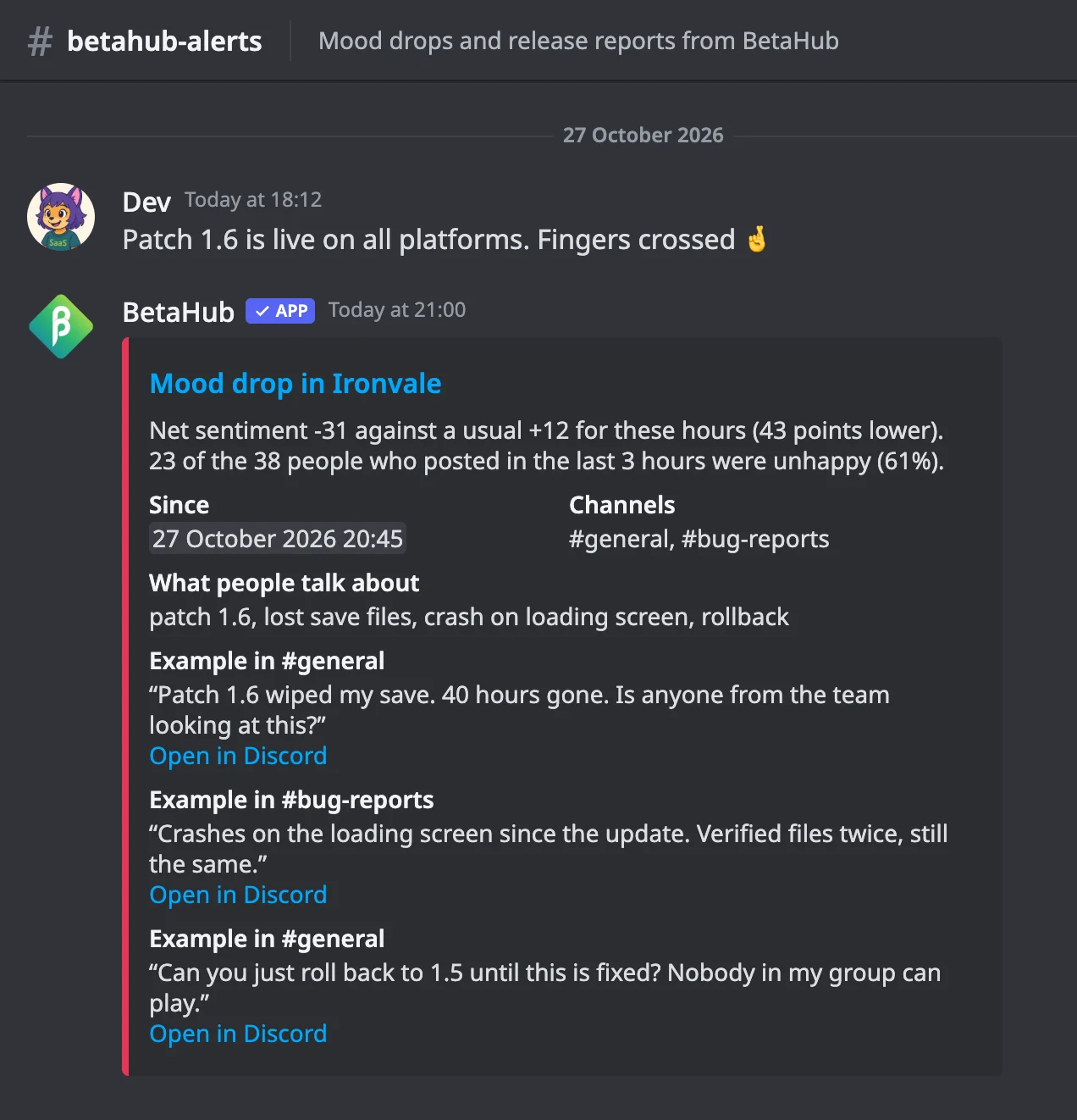 A BetaHub drama alert in a Discord channel: mood drop in a game community, how far sentiment fell, since when, which channels, what people talk about, and example messages with Open in Discord links