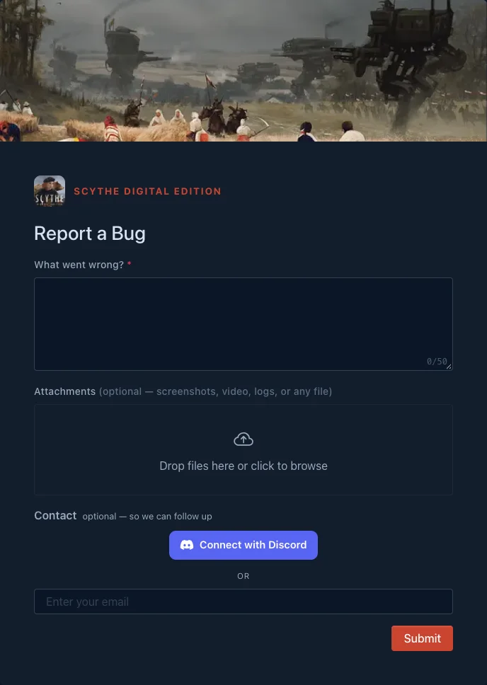 A hosted Report a Bug form with a description field, attachments, and an optional Discord or email contact
