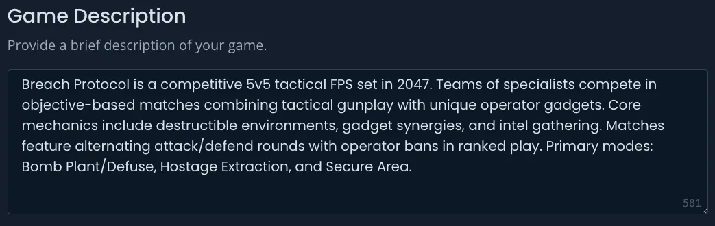 Description field filled out with character counter showing usage