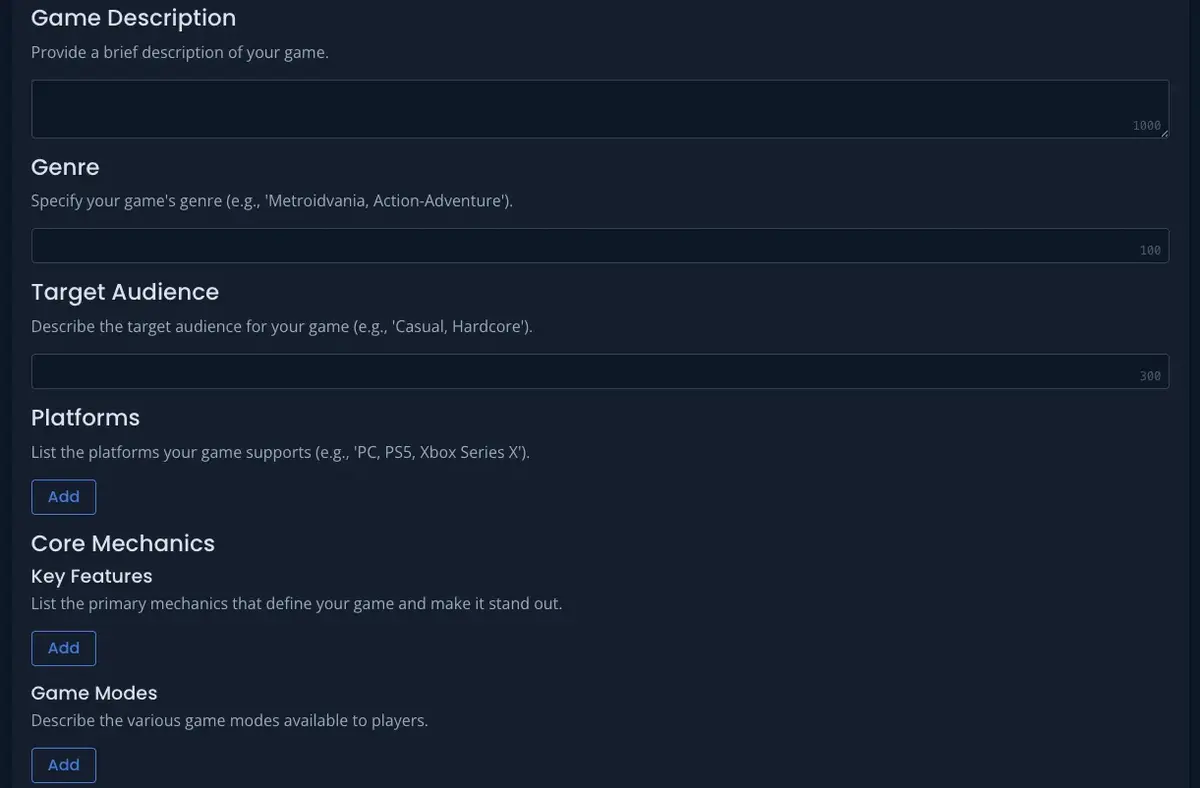Full Game Facts form with all sections visible but collapsed