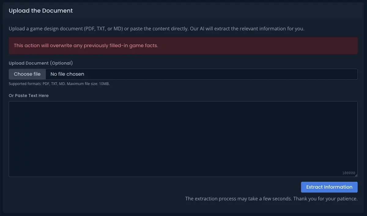 Game Facts page showing both the Upload Document button at top and the form fields below