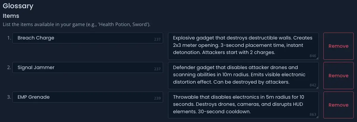 Full glossary with several entries across different categories