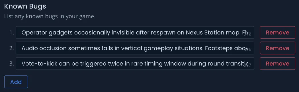 Known Bugs section with visual indicator