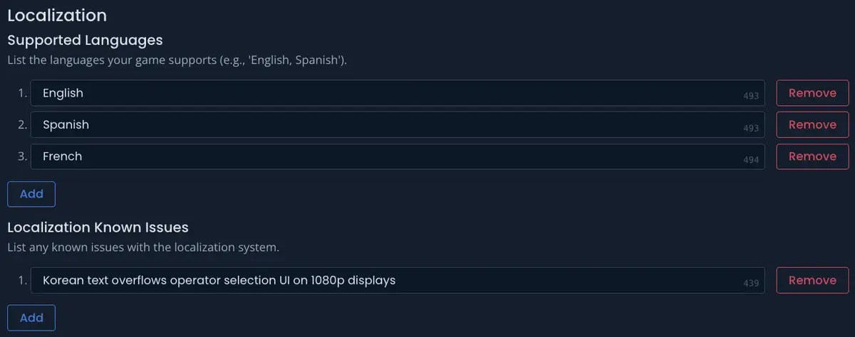 Localization section showing language chips/tags and known issues list
