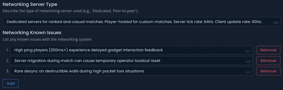 Networking section with Server Type text field and Known Issues list