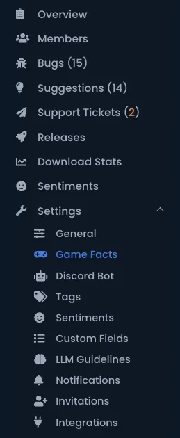 Project sidebar with Game Facts menu item highlighted