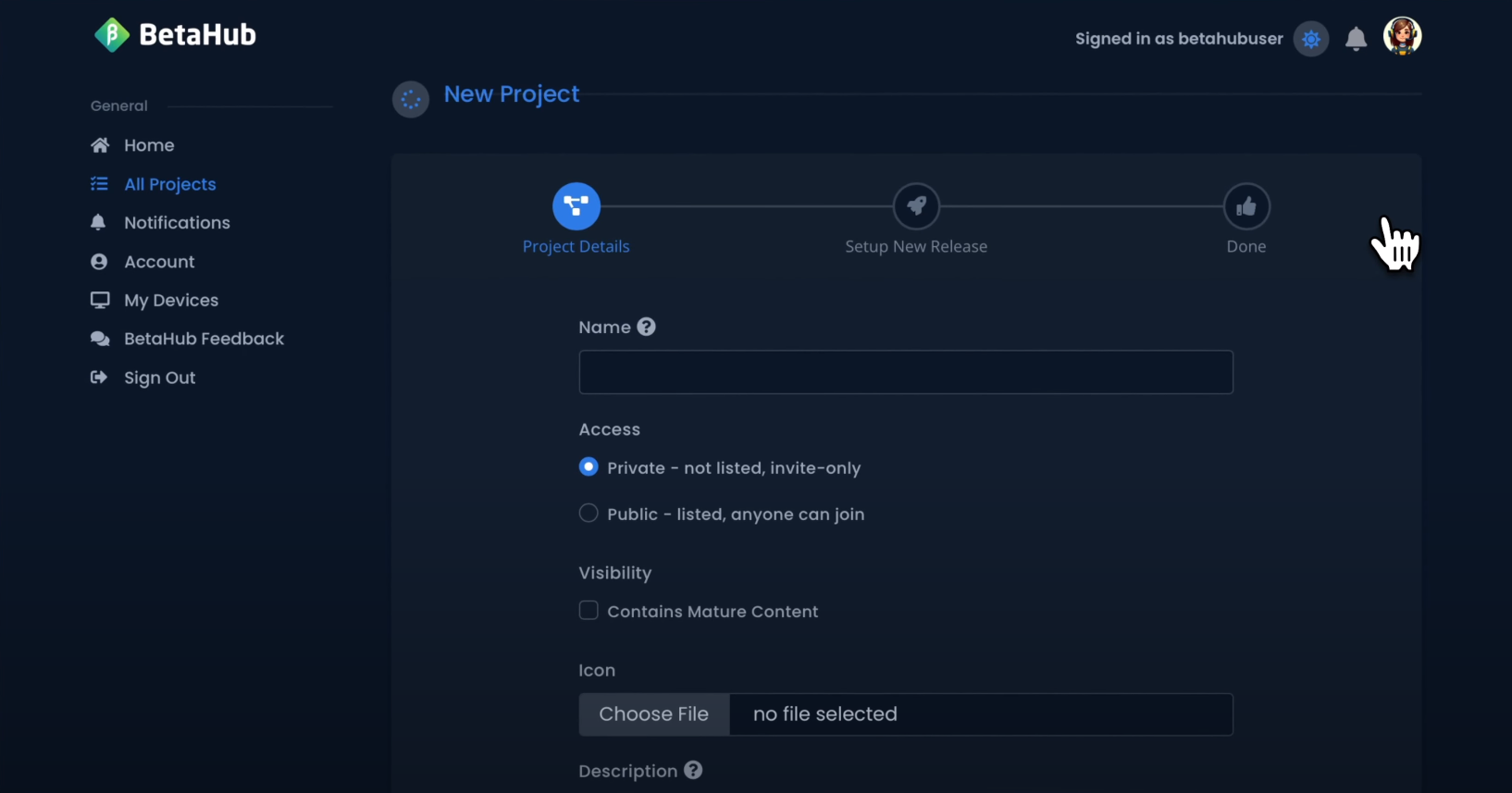 Screenshot: Project Creation Form