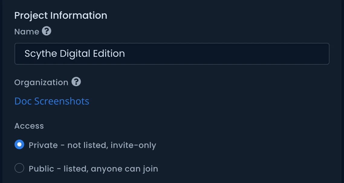 The Project Information fields on the General settings page: name, organization, and access