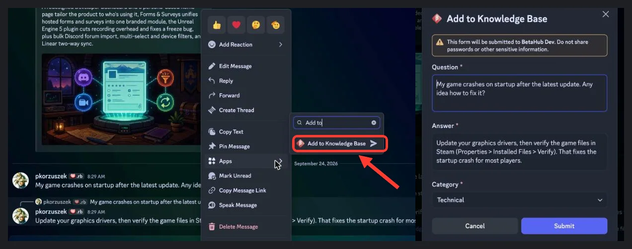 Right-click your reply, choose Apps → Add to Knowledge Base, then review the question and answer