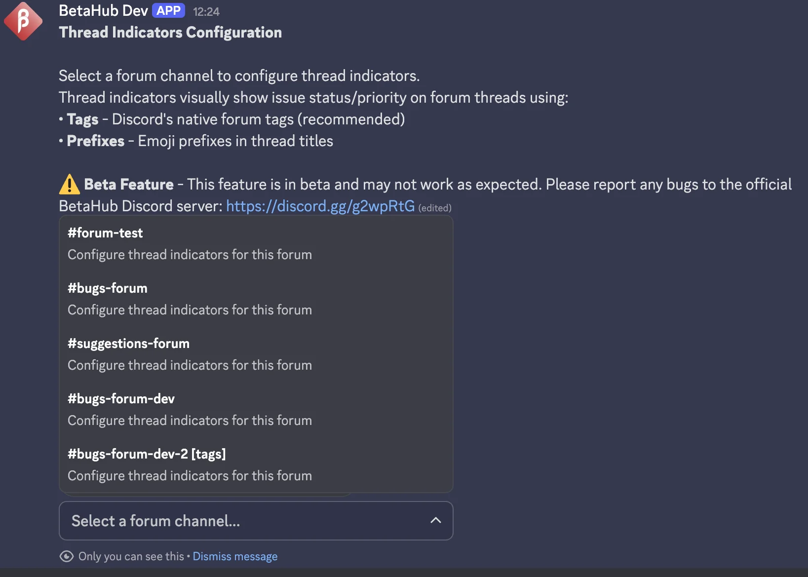 Thread Indicators channel selection dropdown showing available forum channels