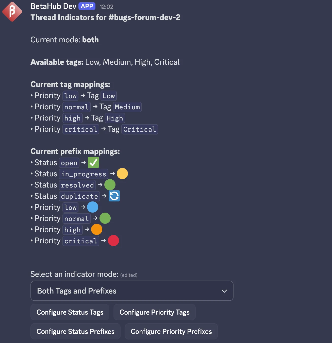 Thread Indicators mapping configuration interface with status and priority tag selection