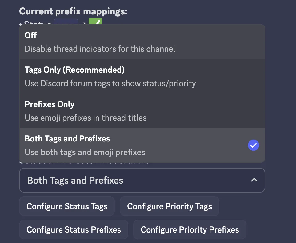 Thread Indicators mode selection showing Off, Tags Only, Prefixes Only, and Both options