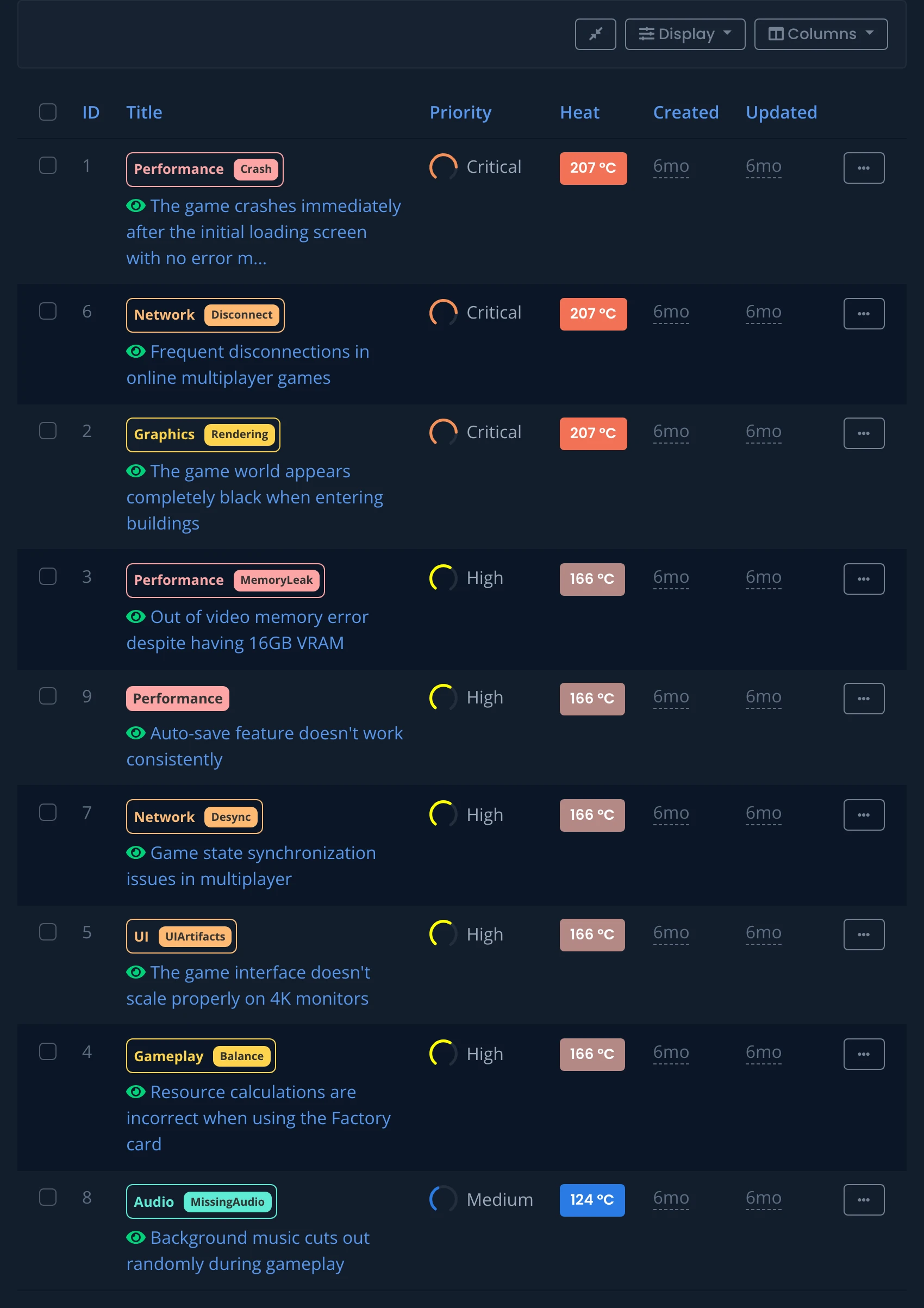 The project's bug list showing reported issues with status and metadata