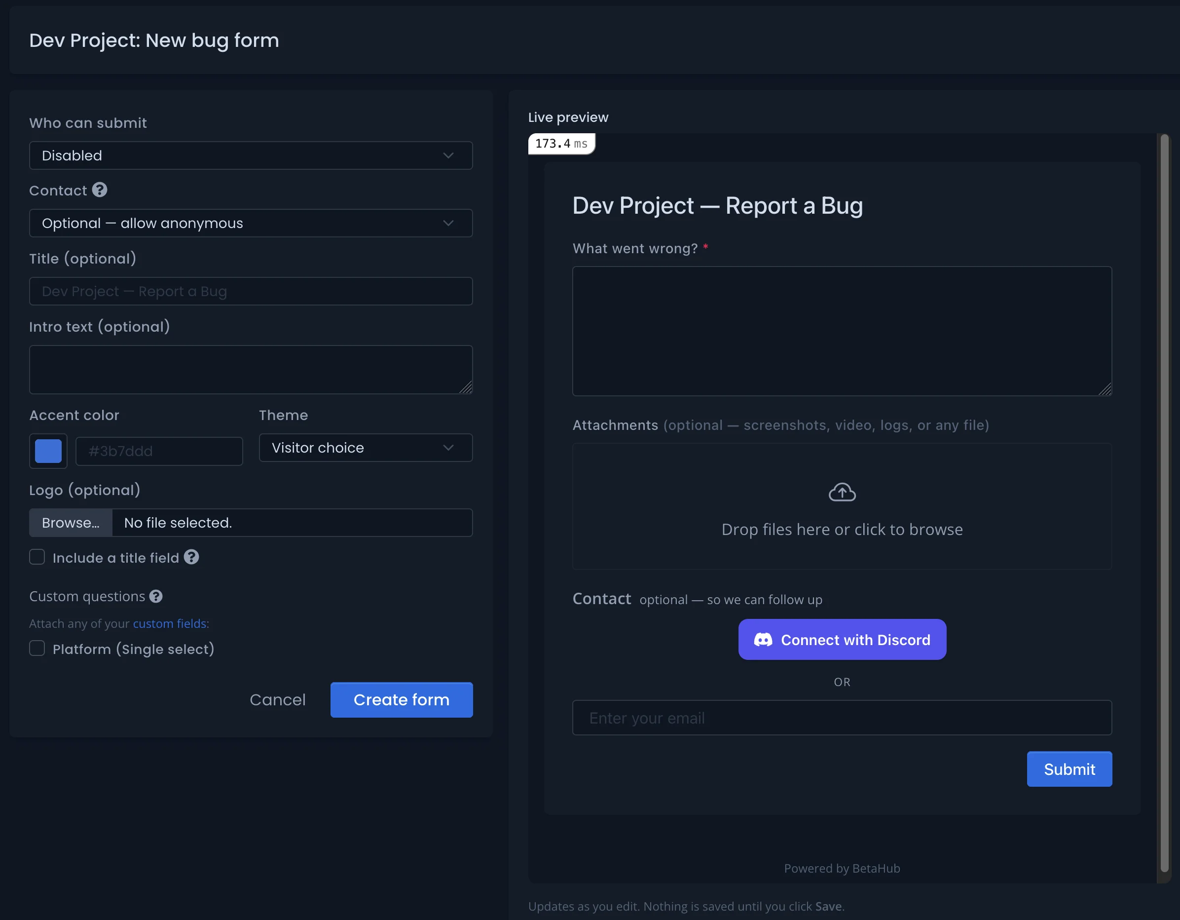 Building a bug form with a live preview