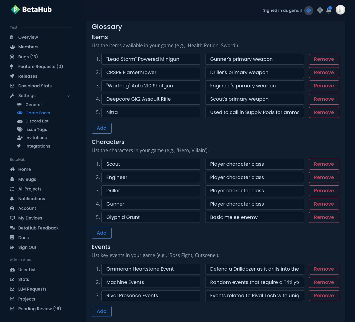 Game Facts Configuration