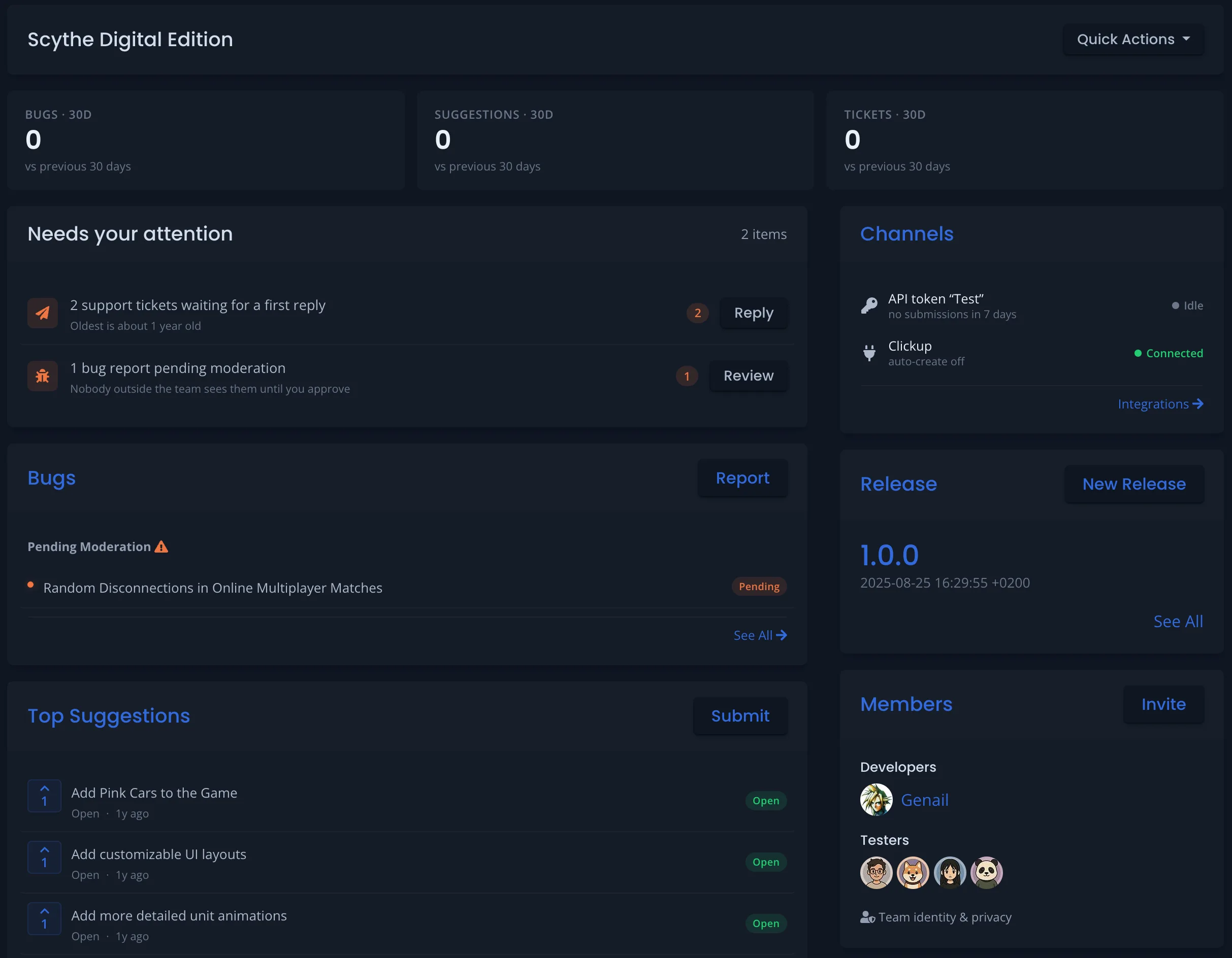 The Developer Dashboard workspace: a "Needs your attention" inbox, a 30-day pulse, bugs and top suggestions, and a rail with channel health, releases, and members