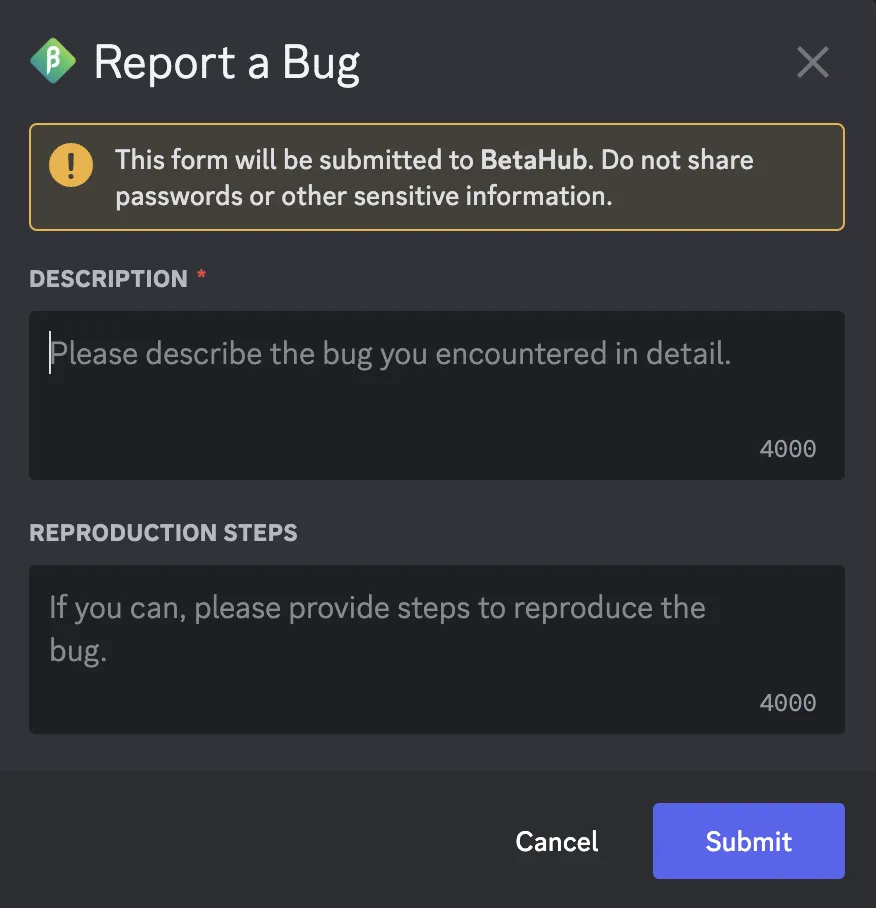 Bug report dialog