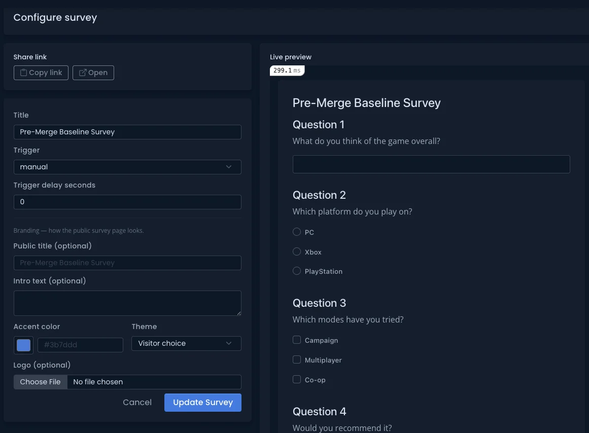 Customizing a survey's public page in the Design tab